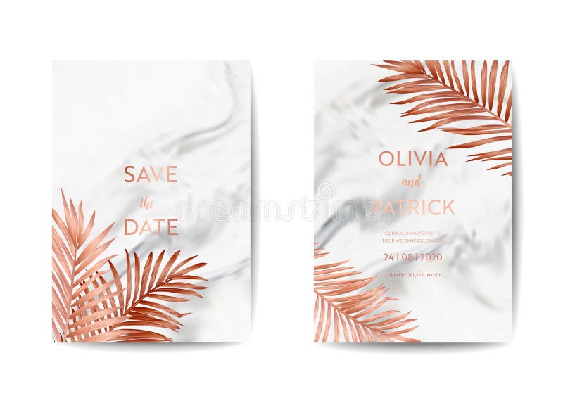 Wedding Invitation Card Set, Save the Date with trendy marble texture background and gold Tropical Palm Leaves design stock illustration Wedding Invitation Card Set, Save the Date with trendy marble texture background and gold Tropical Palm Leaves design stock illustration