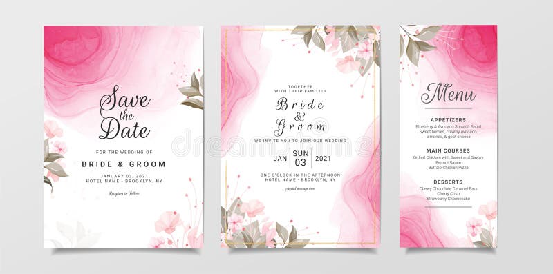 Wedding Invitation Card Template Set with Floral Frame and Pink Liquid  Background. Botanic Decoration for Background, Save the Stock Vector -  Illustration of invitation, botanic: 170903964