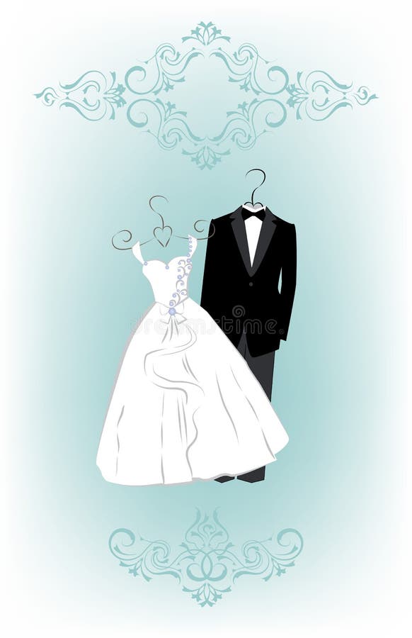 Wedding Invitation with Cartoon Dress of Bride and Groom Stock Vector