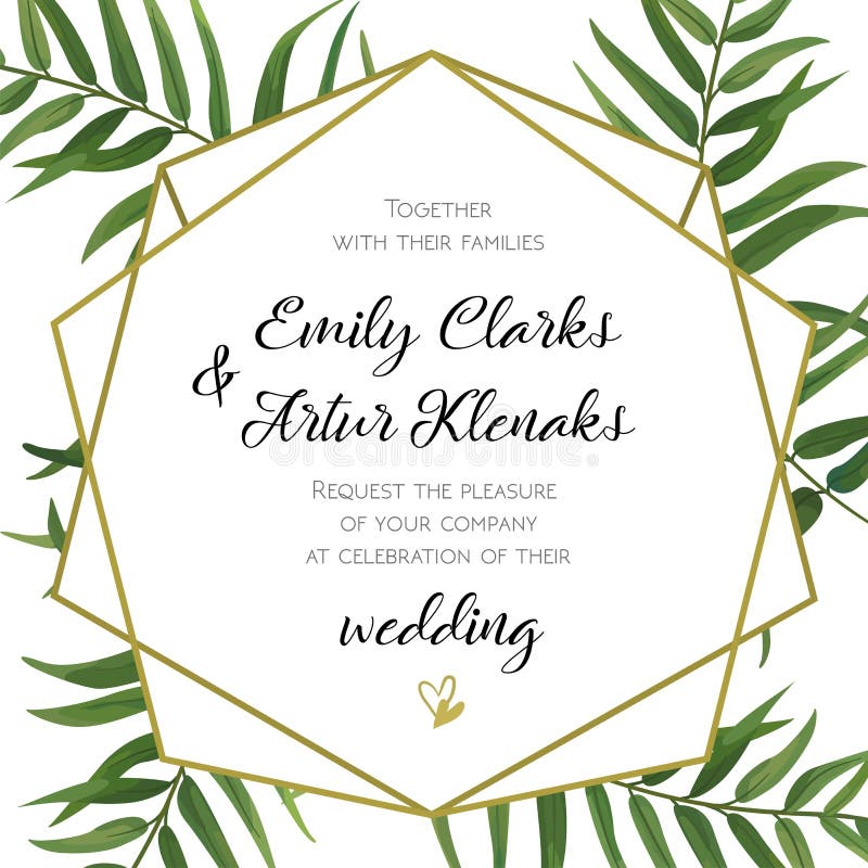 Wedding Invitation, floral invite card Design with green tropical forest palm tree leaves, forest fern greenery simple, geometric royalty free illustration Wedding Invitation, floral invite card Design with green tropical forest palm tree leaves, forest fern greenery simple, geometric royalty free illustration