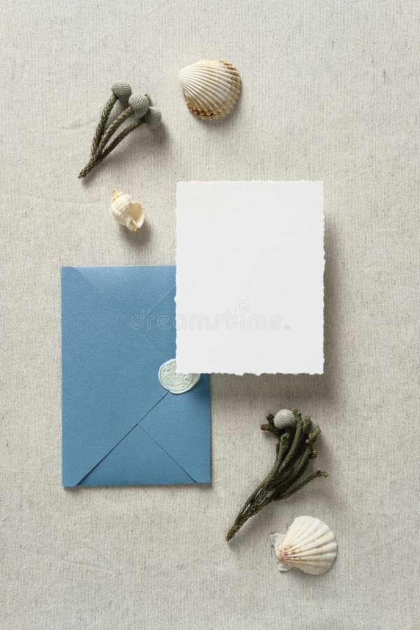 Wedding Invitation Mockup and Blue Envelope. Sea, Nautical Style Stock