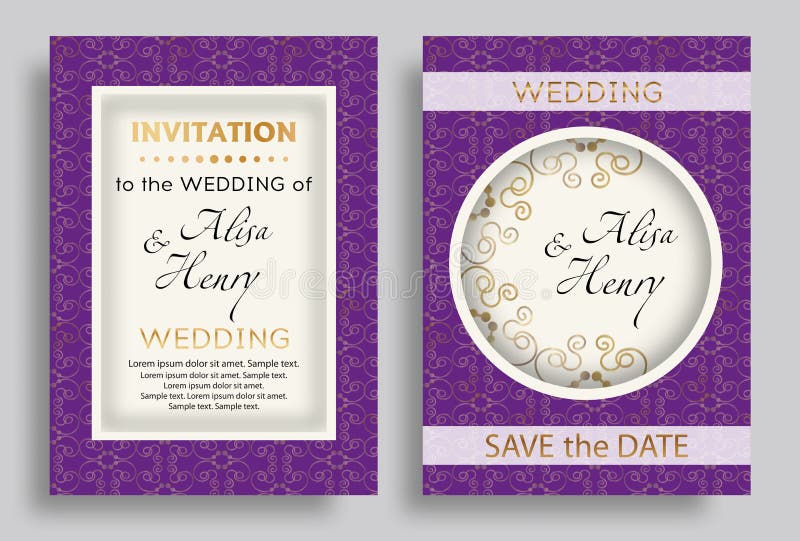 Wedding Invitation Purple Template. Set Elegant Background with Golden  Ornaments Greeting Card Stock Vector - Illustration of gold, invitation:  120417267