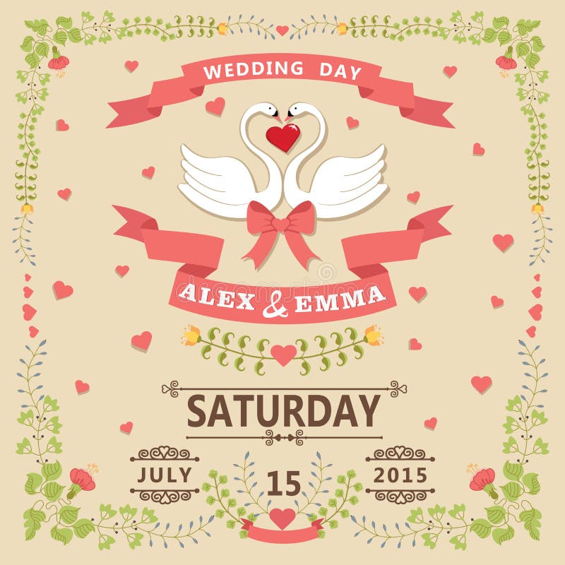 Wedding invitation with swans couple and floral frame