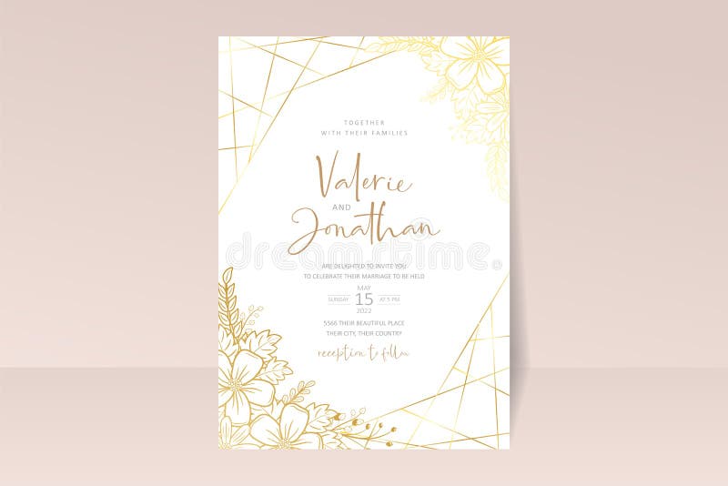 Wedding invitation template with floral outline decoration vector illustration