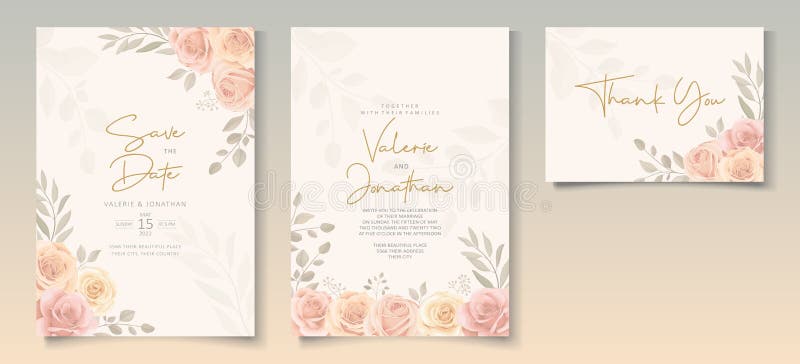 Wedding invitation template with soft color blooming flower stock illustration
