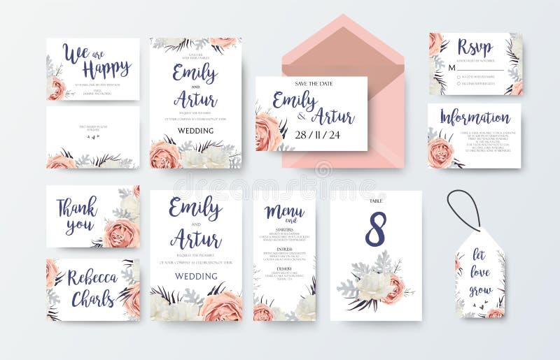 Wedding invite, invitation menu, thank you, rsvp, label card vector floral design with pink peach garden Rose, white peony flower royalty free illustration Wedding invite, invitation menu, thank you, rsvp, label card vector floral design with pink peach garden Rose, white peony flower royalty free illustration