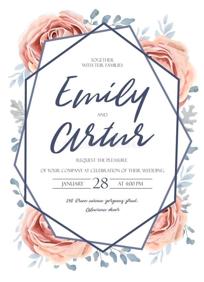 Wedding invite, invitation, save the date card design: pink peach garden rose flower, blue dusty miller leaves, fern greenery for royalty free illustration Wedding invite, invitation, save the date card design: pink peach garden rose flower, blue dusty miller leaves, fern greenery for royalty free illustration