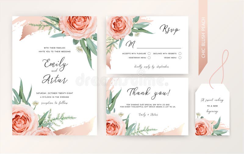 Wedding invite, rsvp, thank you card floral design. Blush peach Roses, white astrania flowers, green asparagus fern, eucalyptus