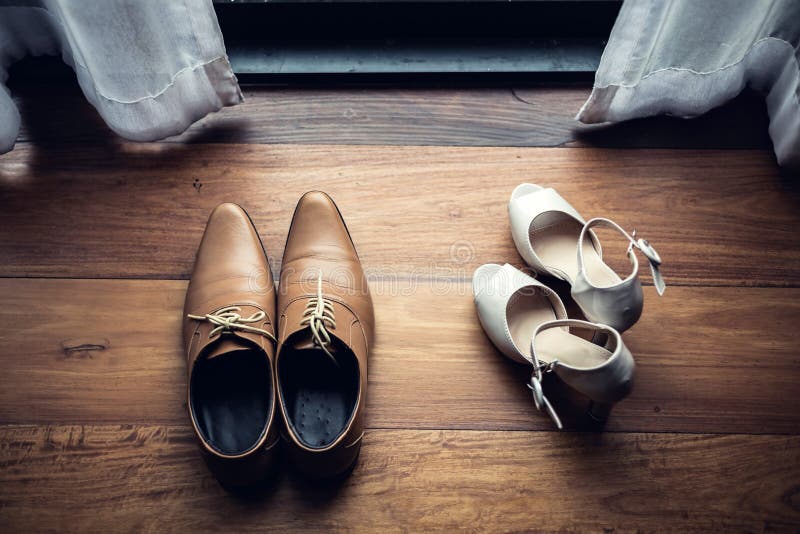 Wedding Men Shoe and Waman Shoe on Wedding Ceremony Day Stock Photo