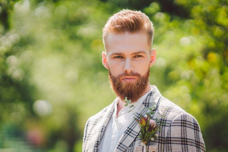 Wedding Portrait of Man with Red Beard and Hipster Hairstyle in Stylish  Vintage Clothing. Bearded Groom Posing in Plaid Jacket Stock Photo - Image  of caucasian, garden: 191525048