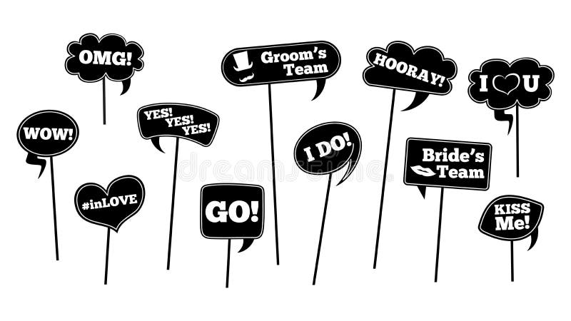 wedding props isolated photo booth decoration bride groom black speech bubbles love party elements romance clouds text vector 177328354