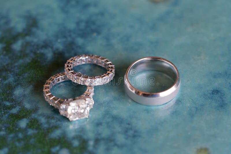 Wedding Ring on Blue Table Background in Greece Stock Image Image of