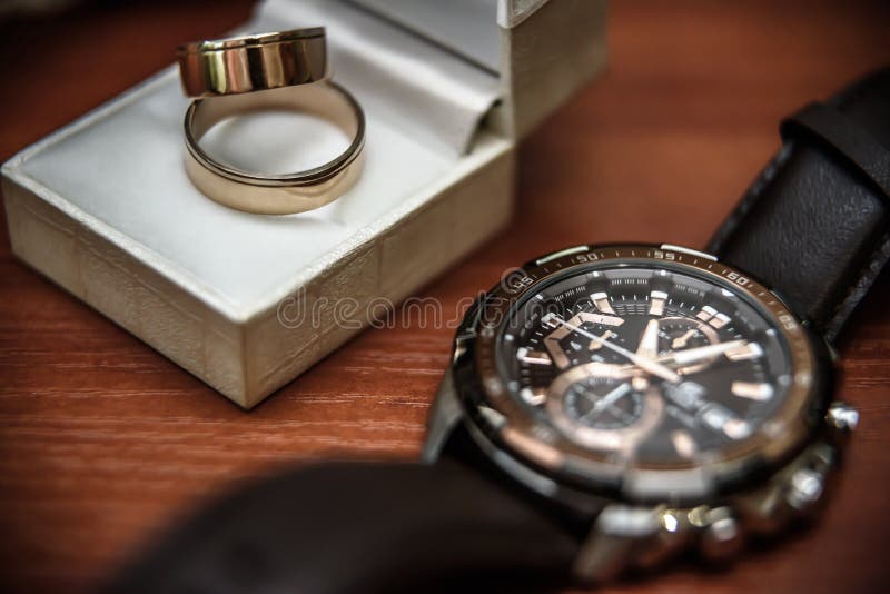 Wedding Ring in a Box and Watch the Groom Stock Image Image of ring