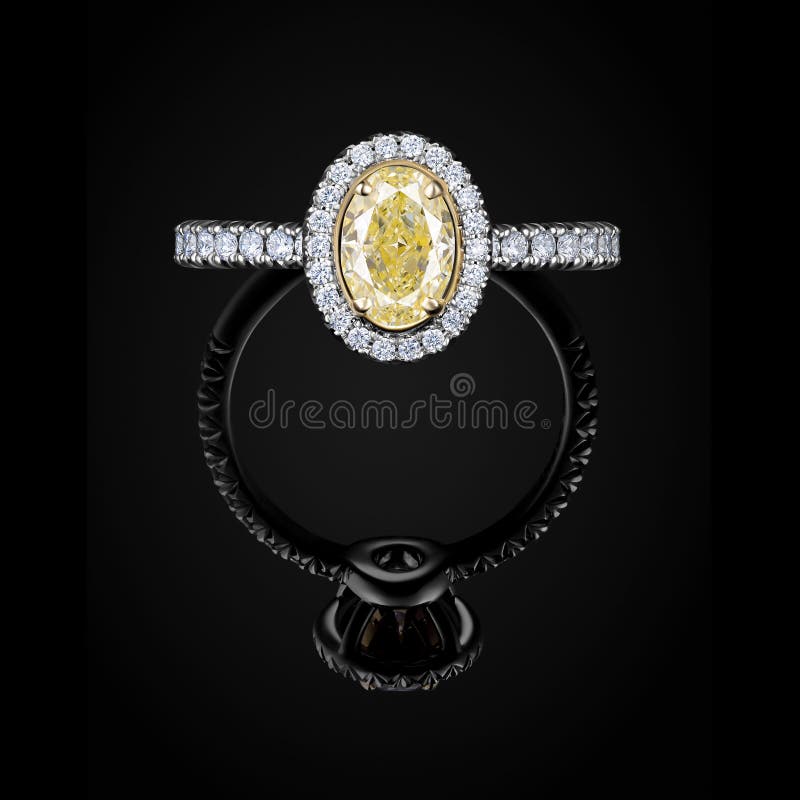 Wedding ring front view with yellow and white diamonds on black background with reflection. Jewellery with gemstone.