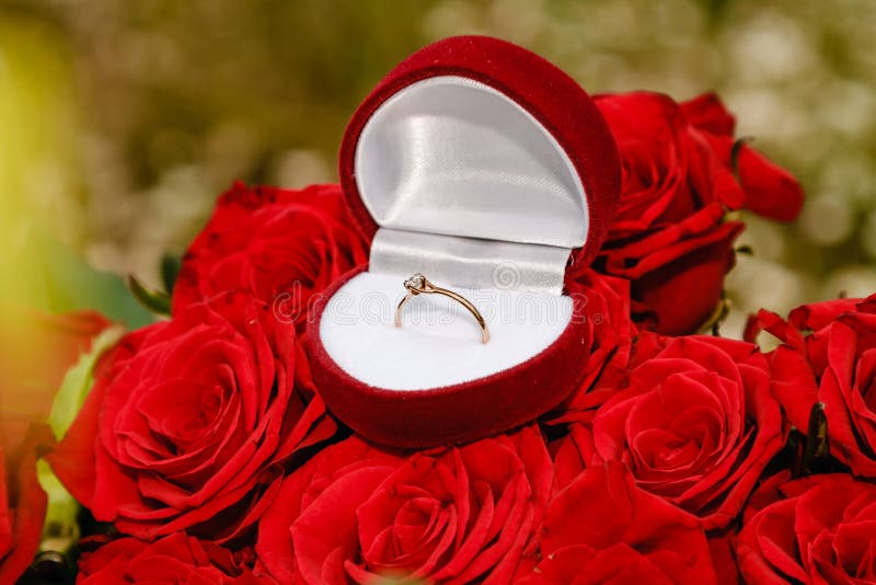 Wedding Ring in Red Boxes on a Bouquet of Red Roses Stock Image - Image ...