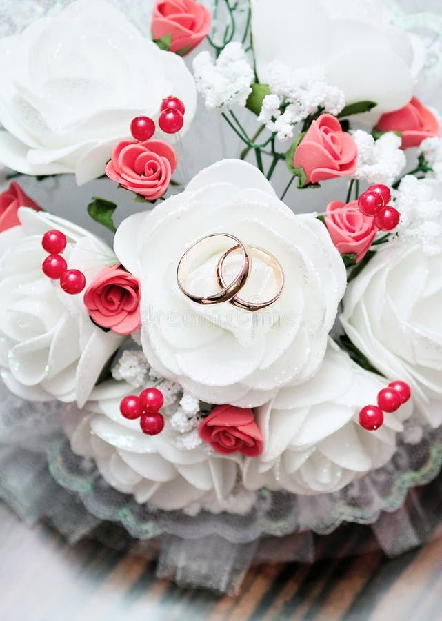 Wedding Rings on the Bridal Bouquet Stock Photo Image of love