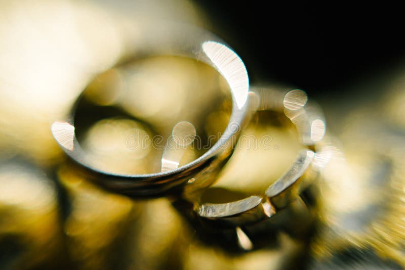 Wedding Rings Closeup Macro Shot. Rings of the Bride and Groom Stock