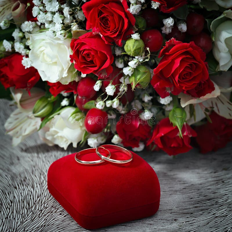 Wedding Rings, Gift Box and Flowers for Bride. Stock Image Image of