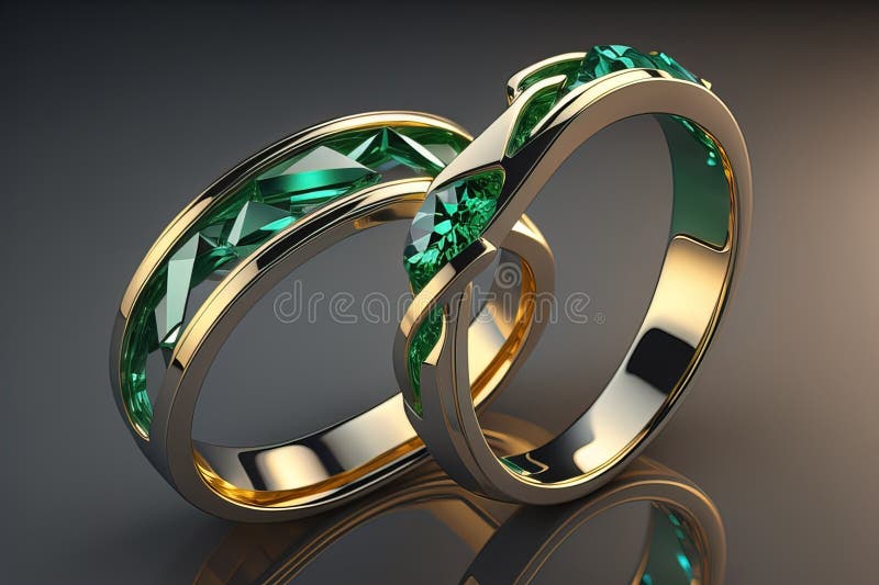 Wedding Rings with Green Emerald. Generative Ai Stock Photo Image of