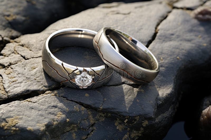 Wedding rings nestled in a cracked riverbed stone stock image