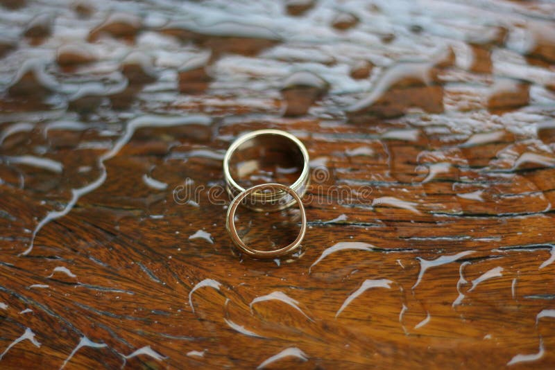 Wedding rings on wet wood stock image. Image of rain, matrimony 930755