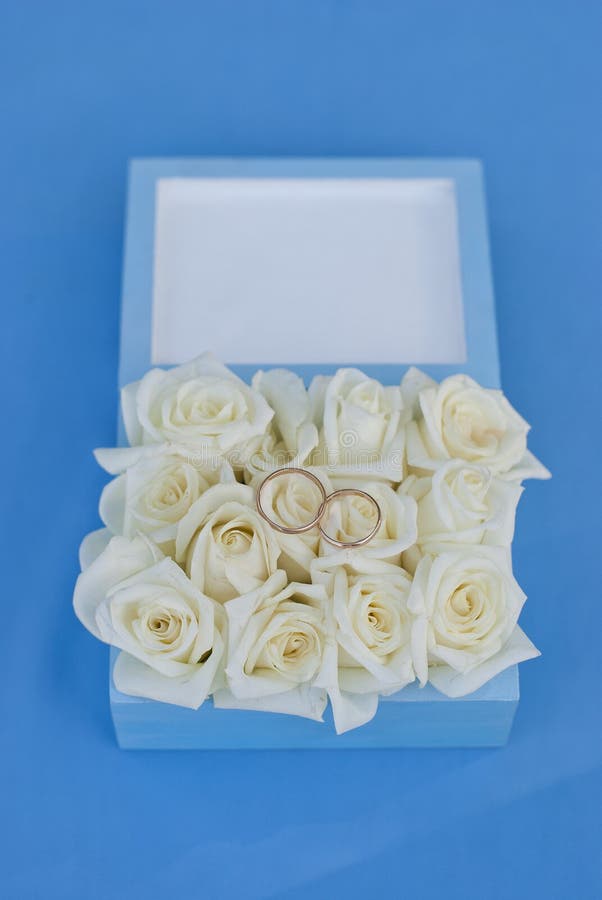 Wedding Rings with White Roses in the Gift Box Stock Image Image of