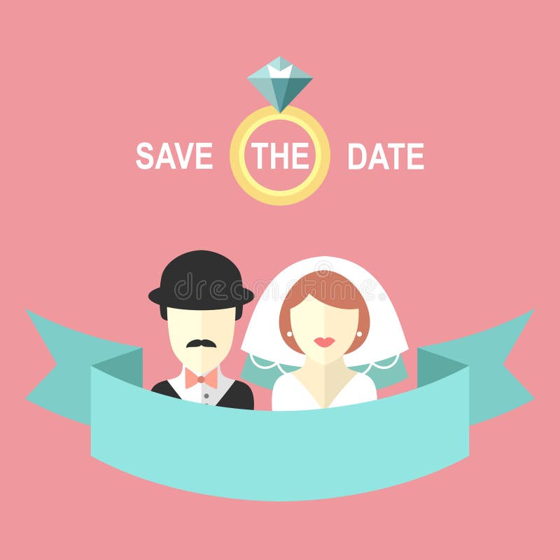 Wedding romantic invitation card with ribbon, ring, bride and groom in flat style. Save the Date invitation in vector.