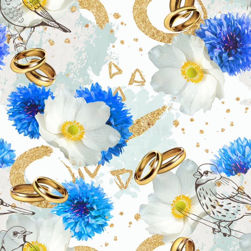 Wedding Seamless Pattern with White and Blue Flowers, Birds and Rings