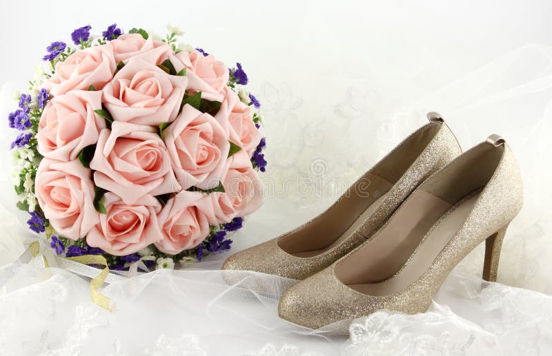 Wedding Shoes and a Bouquet of Flowers Stock Image - Image of bouquet ...