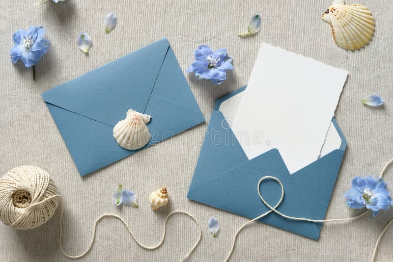 Wedding Stationery in Marine Style. Flat Lay Blue Envelopes with
