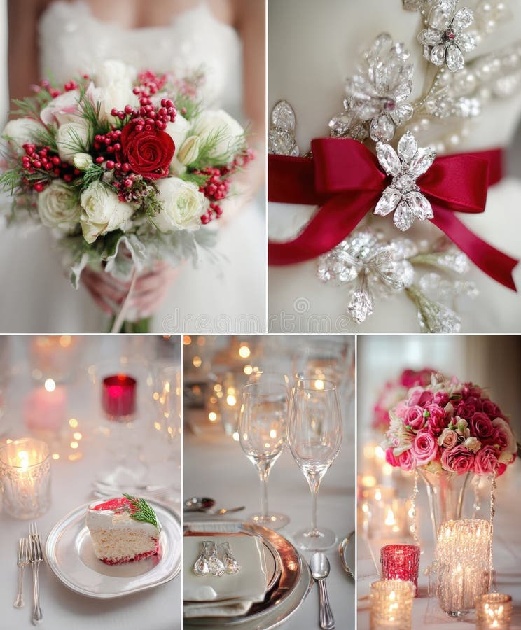 Wedding table collage featuring a white cake, floral arrangements, lit candles, and elegant decorations. royalty free stock image