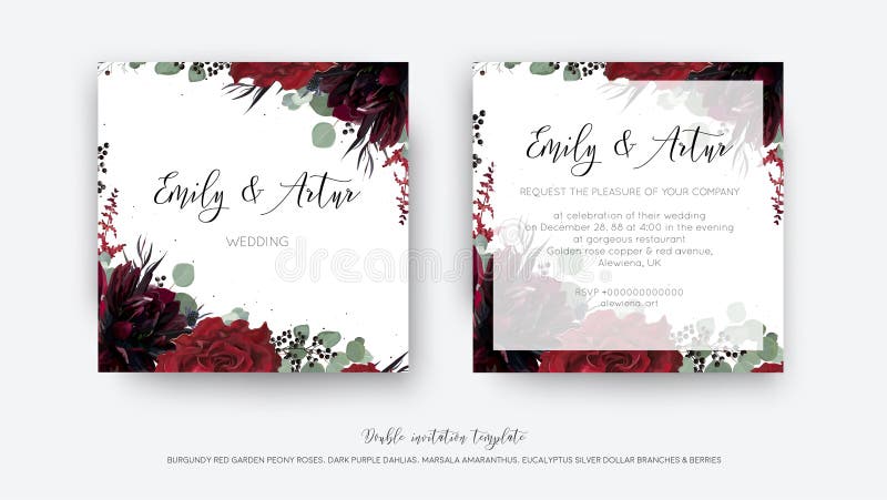 Wedding vector Floral invite, invitation save the date card design. Watercolor style drawn Red wine rose flower, burgundy