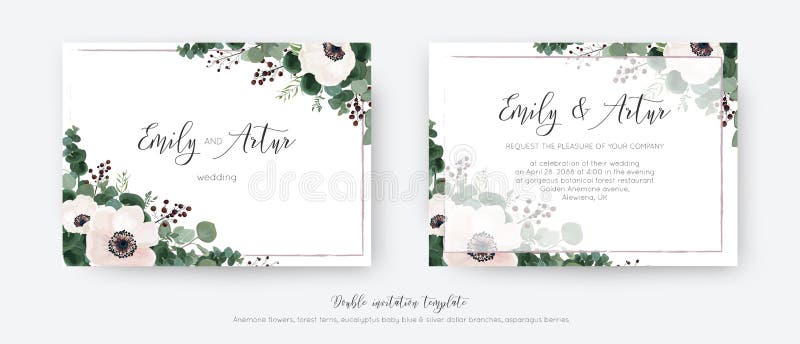 Wedding vector invite, double invitation card floral design. Light pink Anemone flowers, greenery eucalyptus branches, leaves