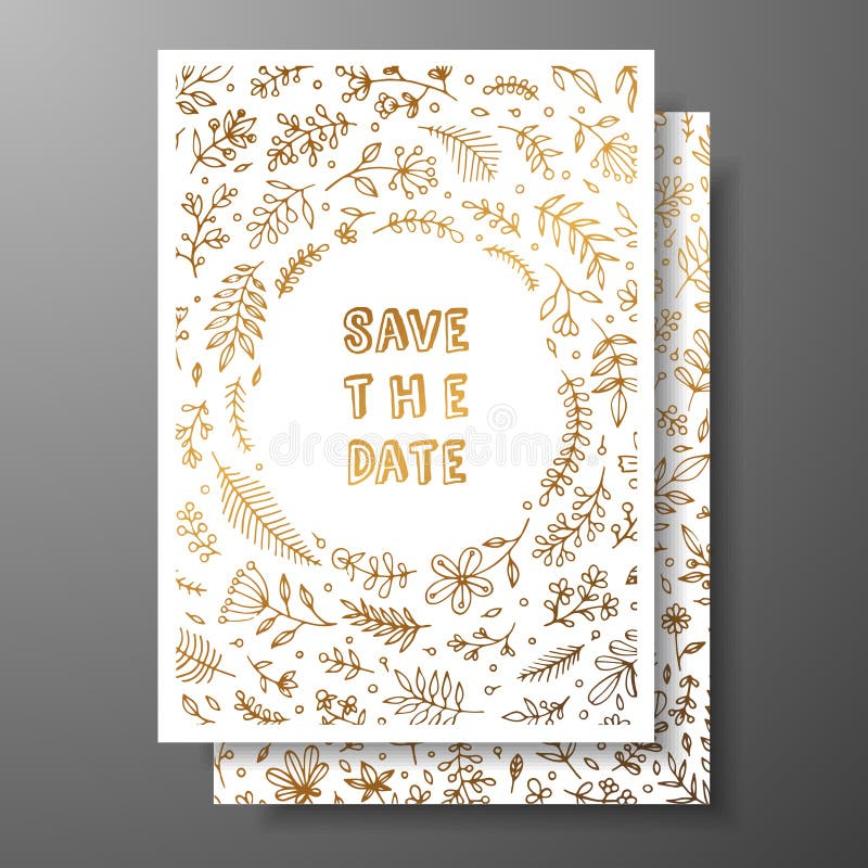 Wedding vintage invitation,save the date card with golden twigs and flowers. Cover design with gold botanical ornaments vector illustration Wedding vintage invitation,save the date card with golden twigs and flowers. Cover design with gold botanical ornaments vector illustration