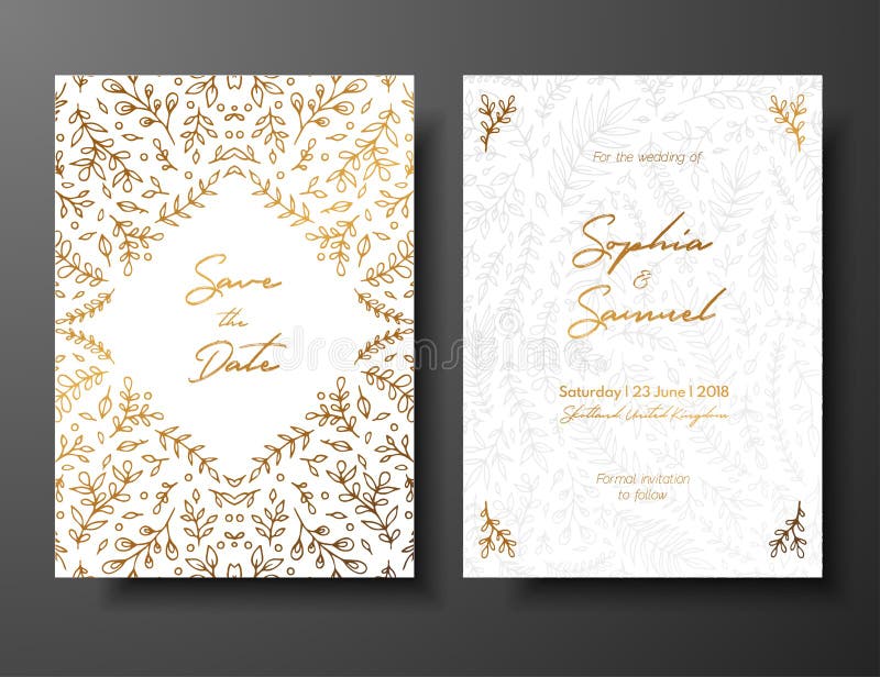 Wedding vintage invitation,save the date card with golden twigs and flowers. Cover design with gold botanical ornaments stock illustration Wedding vintage invitation,save the date card with golden twigs and flowers. Cover design with gold botanical ornaments stock illustration
