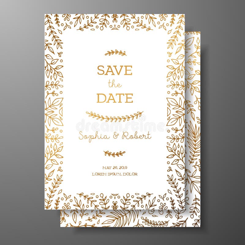 Wedding vintage invitation,save the date card with golden twigs and flowers. Cover design with gold botanical ornaments royalty free illustration Wedding vintage invitation,save the date card with golden twigs and flowers. Cover design with gold botanical ornaments royalty free illustration