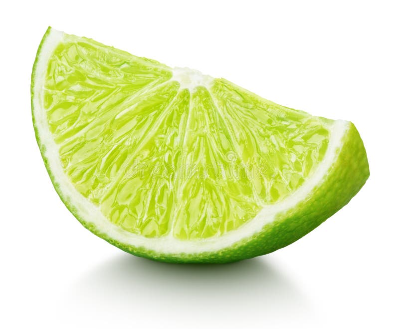 Wedge of green lime citrus fruit isolated on white