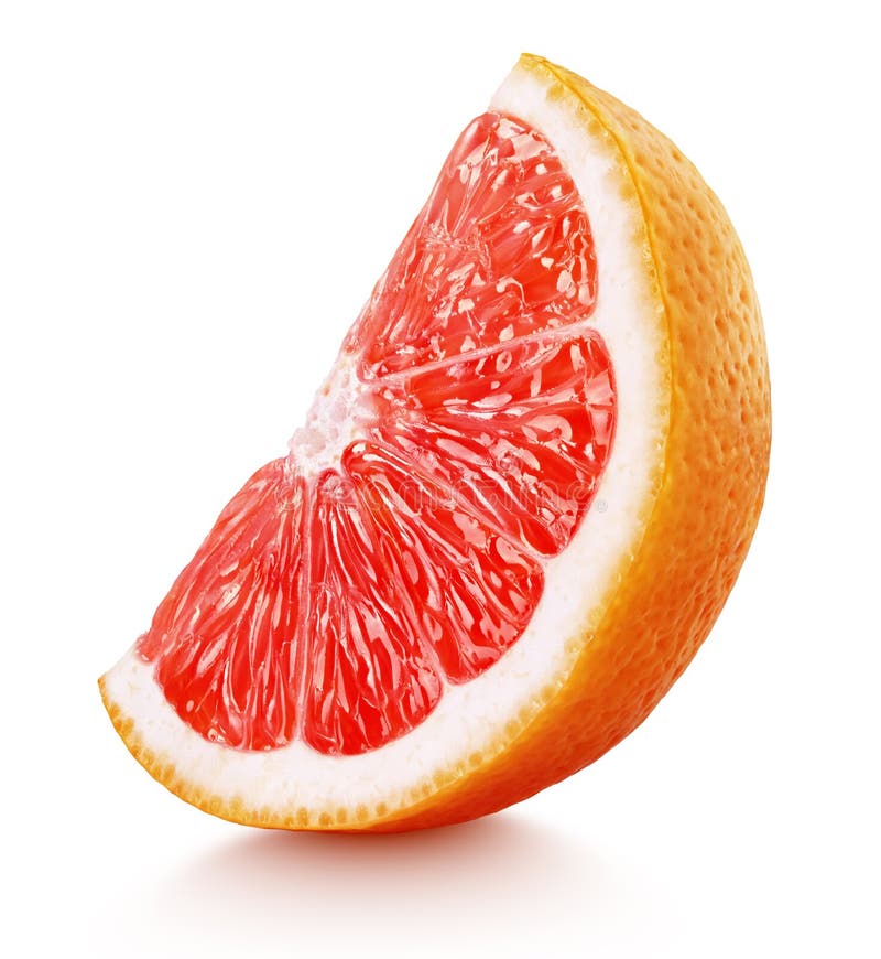 Standing ripe slice of pink grapefruit citrus fruit isolated on white background with clipping path. Standing ripe slice of pink grapefruit citrus fruit isolated on white background with clipping path