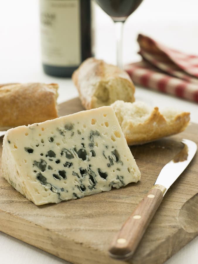 Wedge of Roquefort Cheese with Rustic Baguette