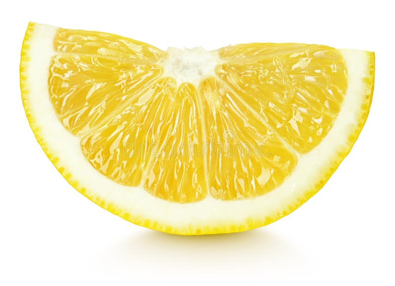 Wedge of yellow lemon citrus fruit isolated on white