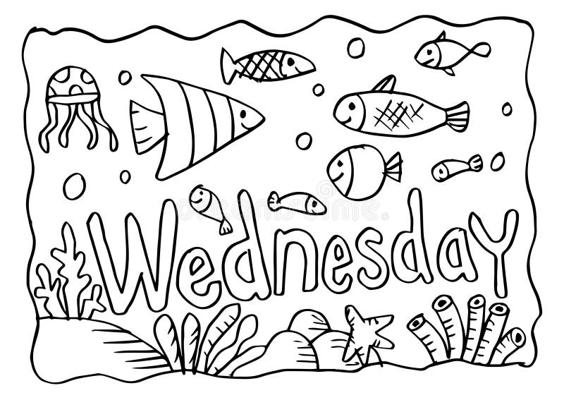 Wednesday Coloring Page with Fishes Stock Illustration - Illustration