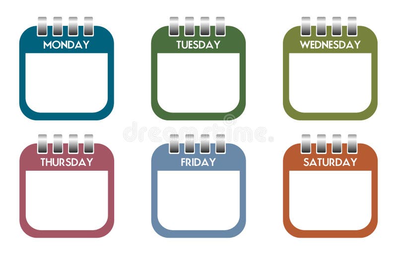 Sada šesti barevných kalendář listy s dny v týdnu napsáno na každém listu.