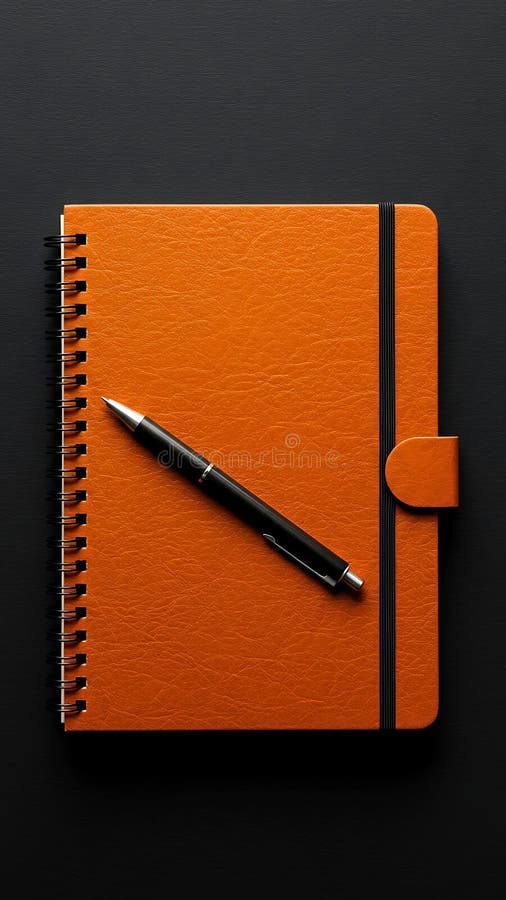 Orange Spiral Notebook and Pen on Black Desk royalty free illustration