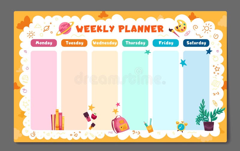 Weekly Planner, Back To School Timetable Template with School Supplies,  Planets, Books and Doodle. Kids Schedule Design Stock Vector - Illustration  of background, certificate: 232373795