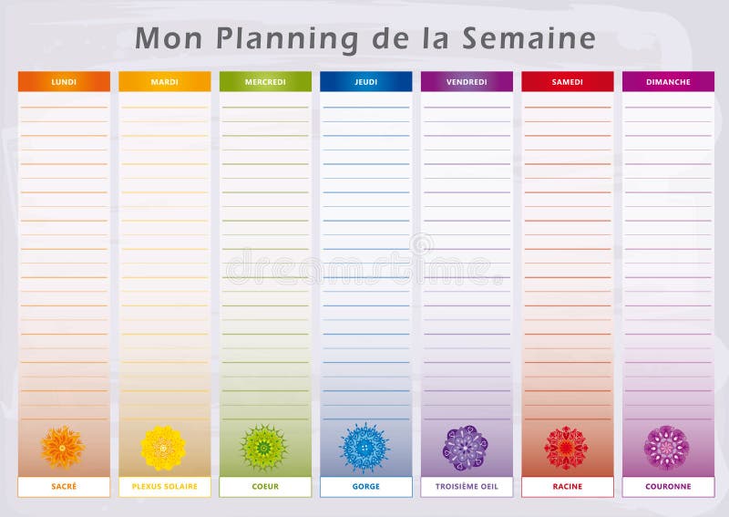 Weekly Planner with 7 Days and corresponding Chakras in Rainbow Colors - French Language