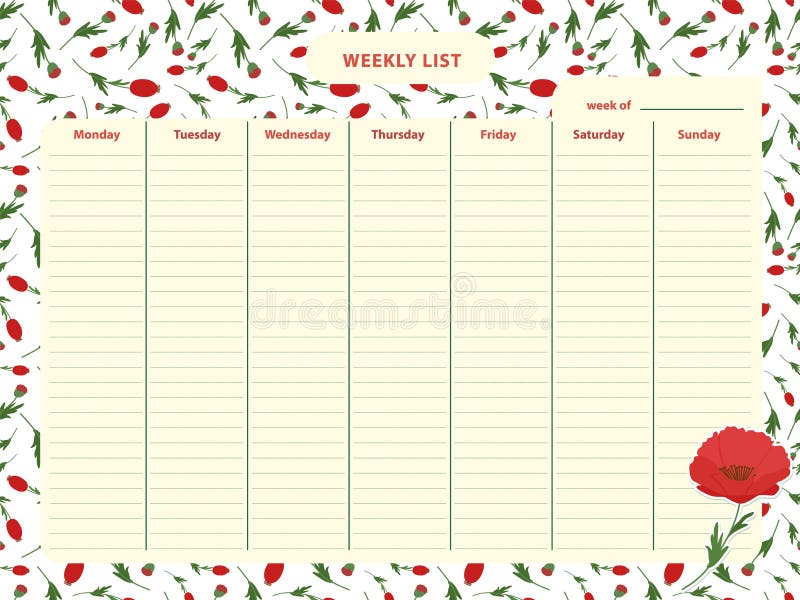 Weekly planner with floral background. To-do list. Vector flat style template vector illustration