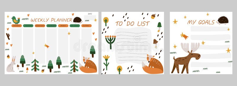 Weekly Planner. Forest Animals Cartoon Notebook Sheet, To Do List and Goals  Template, Woodland Poster for Kids, Scandinavian Stock Vector -  Illustration of graphic, concept: 239888585