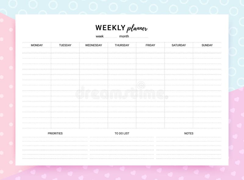 Weekly planner. Timetable for week with habit tracker, to do list and  notes. Vector illustration. Journal page template. Homework organizer.  Simple schedule. Empty blank of diary. Paper size A4. Stock Vector