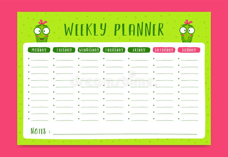 Weekly Schedule Planner in Fun Style with Cactus Cartoon Character, Planner  Monday To Sunday with Notes Stock Vector - Illustration of checklist, memo:  174892800