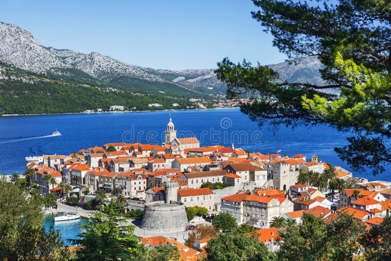 Weergeven van de Korcula-stad, Korcula-eiland, Dalmatië, Kroatië